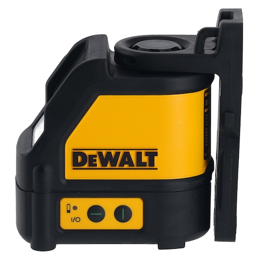 DEWALT DW088CG green cross line laser level with yellow and black casing, side view, power buttons visible.