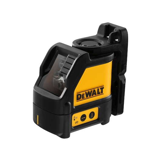 A DEWALT DW088CG self-leveling cross line laser tool, featuring a yellow and black sturdy housing with control buttons on the front and a transparent window displaying the laser mechanism.