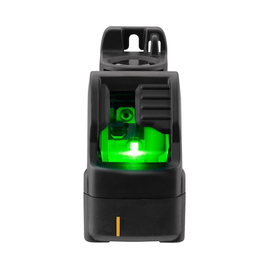 Front view of a DEWALT DW088CG green beam cross line laser level, featuring a bright green laser inside a black durable casing.