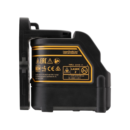 Side view of a DEWALT DW088CG laser chalk line generator, showing the product's labeling with safety symbols and technical specifications on its black and yellow casing.