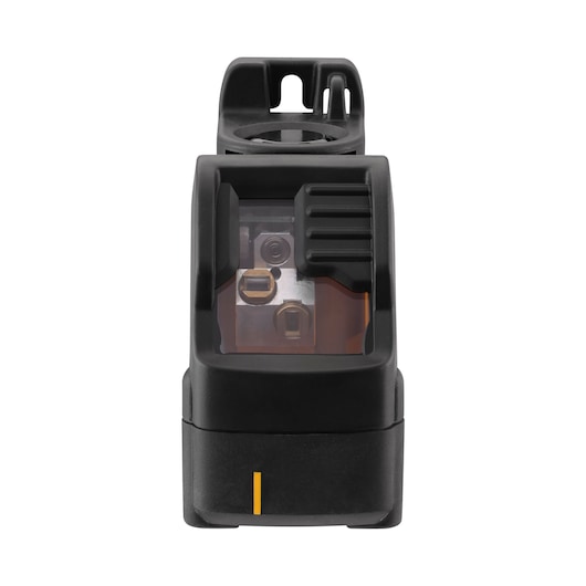 Front view of a DEWALT DW088CG green cross line laser level, featuring a black and yellow robust casing and lens window for precision alignment in construction or photography.
