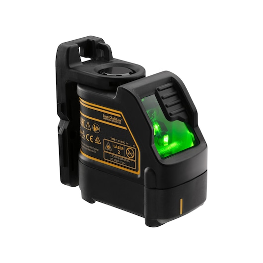 DEWALT DW088CG green laser level device with black and yellow casing, showing the illuminated green laser beam, used for precise alignment in construction or photography.