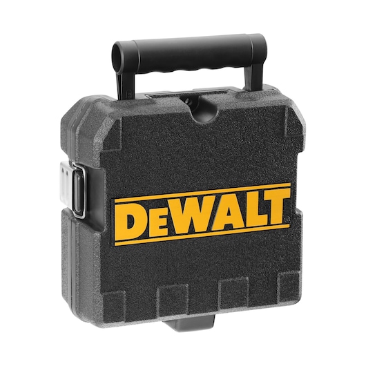 A black hard plastic carrying case with a handle and metal clasps, featuring the DEWALT logo in yellow lettering on the front.