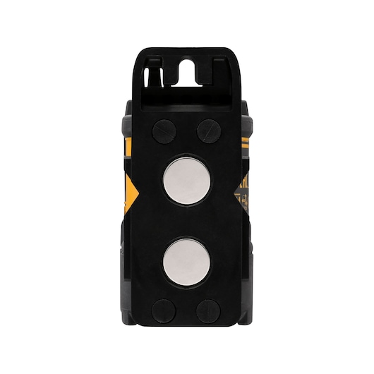Front view of a DEWALT DW088CG green cross line laser level, showing a black mounting plate with two circular magnets.