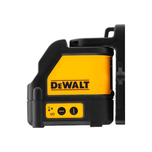 Side view of a DEWALT DW088CG self-leveling cross line laser level with a yellow and black body, featuring the DEWALT logo and control buttons.
