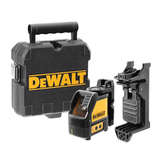 A DEWALT branded laser level kit, including a black and yellow laser level tool, a mounting bracket, and a hard carrying case with a handle.