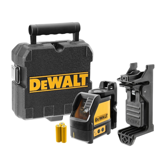 A DEWALT DW088CG green cross line laser level kit including a hard carrying case, the laser level device, a mounting bracket, and two AA batteries.