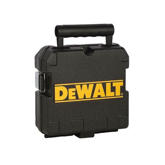A black, hard plastic carrying case with a large yellow DEWALT logo on the front and a sturdy handle on top.