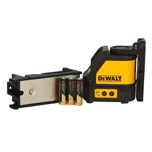 A DEWALT DW088K laser level with yellow and black casing, shown with a mounting bracket and four AA batteries, photographed against a white background.