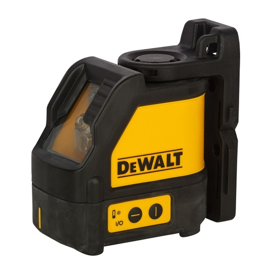 A close-up image of a yellow and black DEWALT DW088K laser level tool, used for precise alignment in photography and construction.