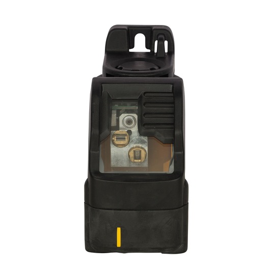 Front view of a DEWALT DW088K laser level device with a black casing and visible lens components, used in photography and construction for precise alignment.