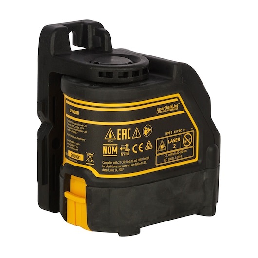 A close-up image of a DEWALT DW088K laser line generator, used in photography and construction for precise alignment. The product is mainly black with yellow labeling, displaying various certification marks and safety warnings.