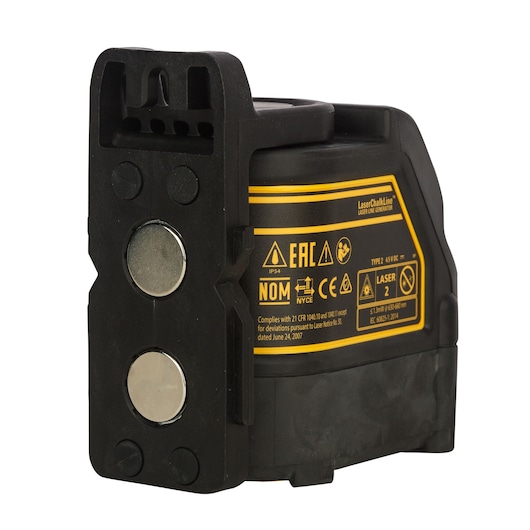 A DEWALT DW088K laser line generator designed for photography and construction, featuring a black and yellow casing with safety and certification labels.