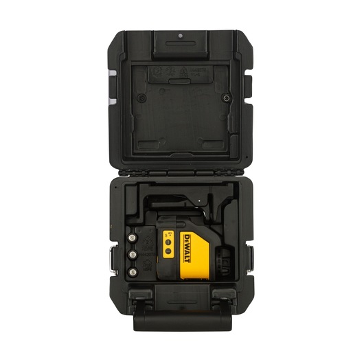 A DEWALT DW088K yellow and black laser level device placed inside a black protective carrying case, shown open with compartments for accessories.