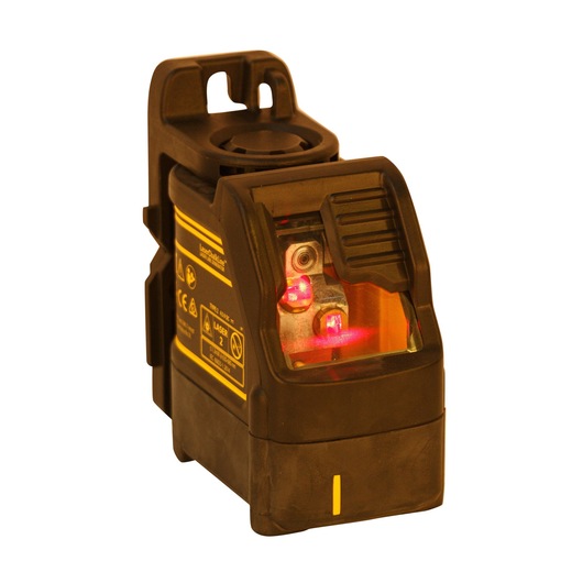 A DEWALT DW088K compact laser level device, shown with black and yellow casing, emitting a red laser light, photographed against a white background.
