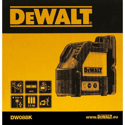 Product packaging for the DEWALT DW088K, featuring an illustration of a laser level tool. The box is primarily yellow and black, displays the DEWALT logo, technical icons for laser features, battery type (3 x AA), and the website www.DEWALT.eu.