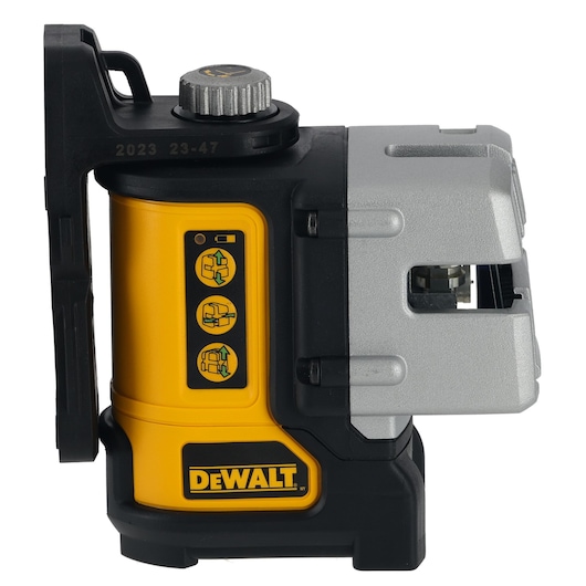 DEWALT DW089CG green beam laser level device, side view with control panel visible.