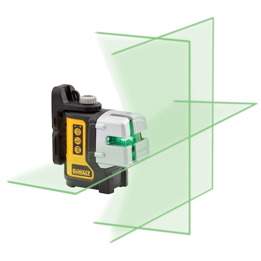 A DEWALT DW089CG green cross line laser level tool, showing three bright green laser lines intersecting for accurate alignment in construction or photography.