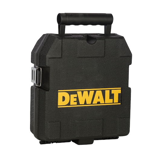 A black hard plastic carrying case with a handle and metal latch, featuring the yellow DEWALT logo on the front.