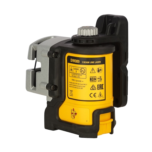 A DEWALT DW089K 3 beam line laser tool, featuring a yellow and black housing, used for precise alignment and layout tasks in construction and photography. The device displays safety warnings and certification labels.