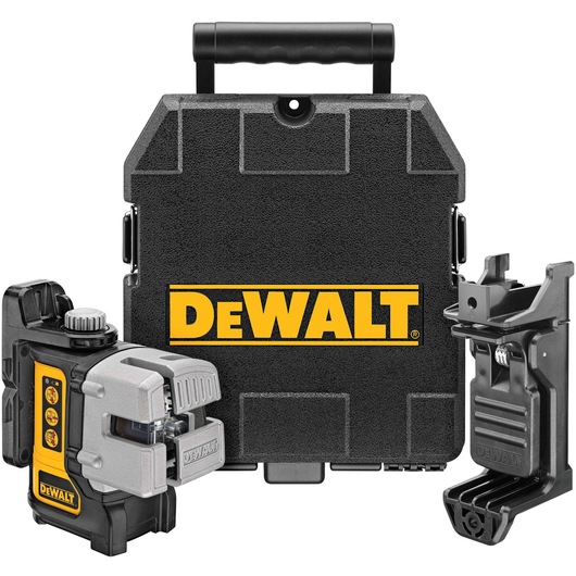 DEWALT DW089K laser level kit with a black carrying case, laser device, and mounting bracket.