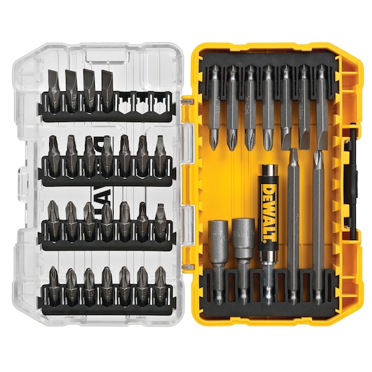 A DEWALT branded bit set in a transparent and yellow plastic case, containing multiple screwdriver and drill bits organized in dedicated slots.