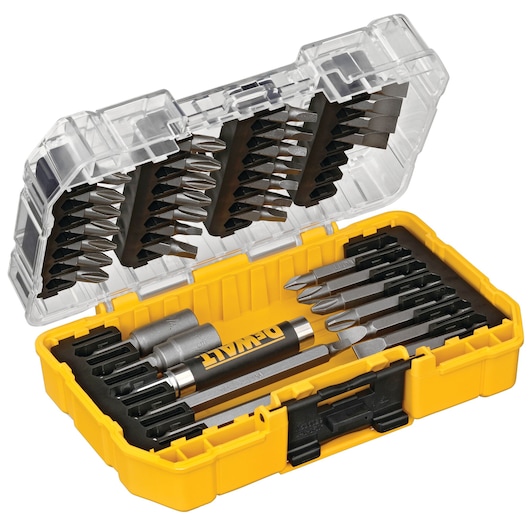 A DEWALT branded yellow and transparent plastic case containing a set of various screwdriver bits and adapters organized neatly inside.