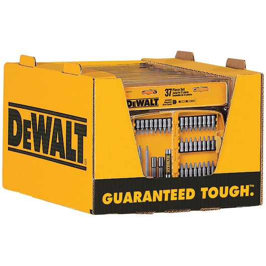 A yellow DEWALT branded display box containing multiple DEWALT 37-piece screwdriver bit sets, visible through the open front. The box features the text 'GUARANTEED TOUGH.' in black lettering.
