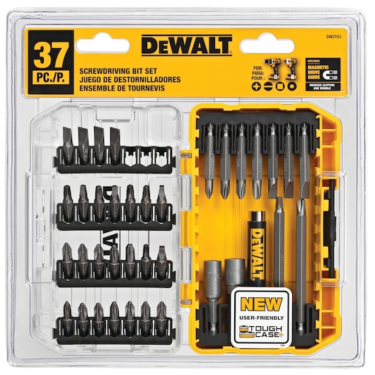 DEWALT 37-piece screwdriving bit set in a clear and yellow plastic case, showing various screwdriver bits and accessories organized inside. The packaging highlights magnetic drive guide and user-friendly ToughCase features.