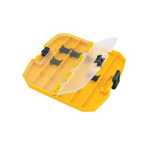 A yellow DEWALT plastic storage case with multiple compartments and a transparent lid, shown open.