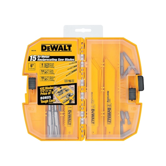 A DEWALT DW2190 set of 15 bi-metal reciprocating saw blades in a yellow tough case, designed for various cutting tasks including wood and metal. The transparent case shows multiple blades and accessories organized inside.