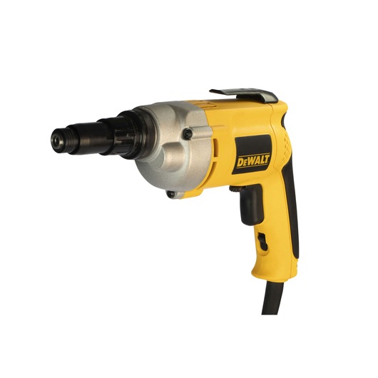 A yellow and black DEWALT electric screwdriver with a cord, shown from a side angle against a white background.