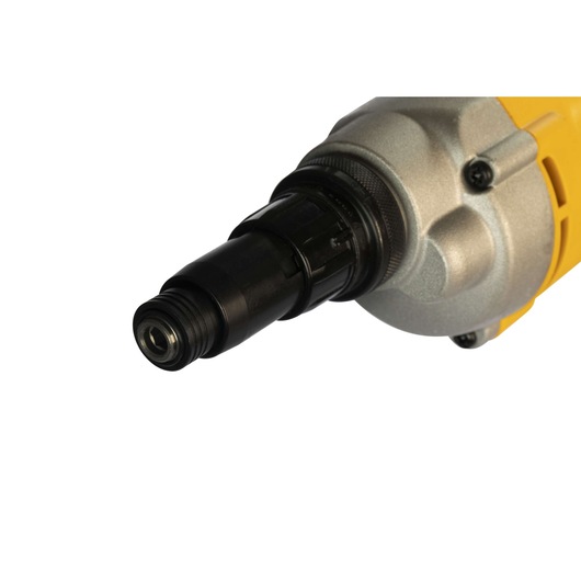 Close-up view of the front end of a DEWALT electric screwdriver, model DW268, with a black metal chuck and a yellow and silver body partially visible.