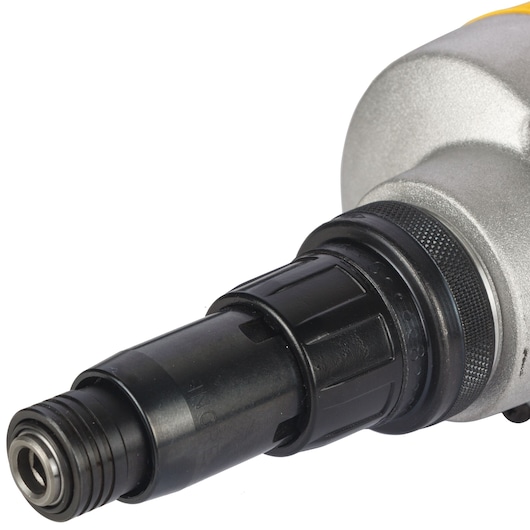 Close-up view of the front portion of a DEWALT DW268 power tool, showing the black metal chuck and part of the silver and yellow body.