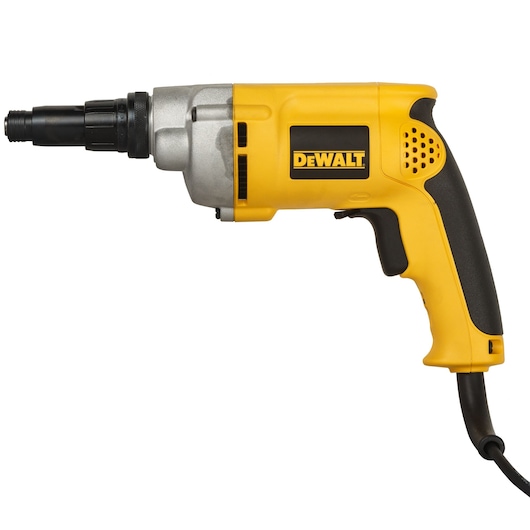 A yellow DEWALT corded electric screwdriver with a black handle and a metal front, model DW269, displayed against a white background.