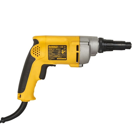 A yellow and black DEWALT electric screwdriver, model DW269, with a corded design, shown from the side.
