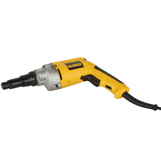 A DEWALT electric screwdriver with a yellow and black handle, shown on a white background. The tool is corded and has a metal front casing.