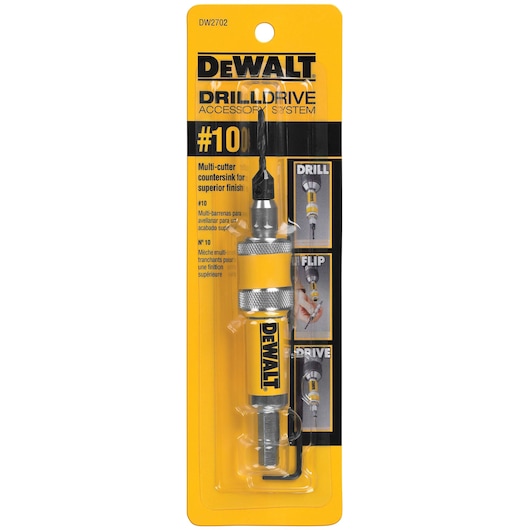DEWALT Drill Drive Accessory System #10, multi-cutter countersink tool in yellow and silver packaging, SKU DW2702. The product is intended for superior finish drilling. The packaging shows the tool and step-by-step instructions for use.