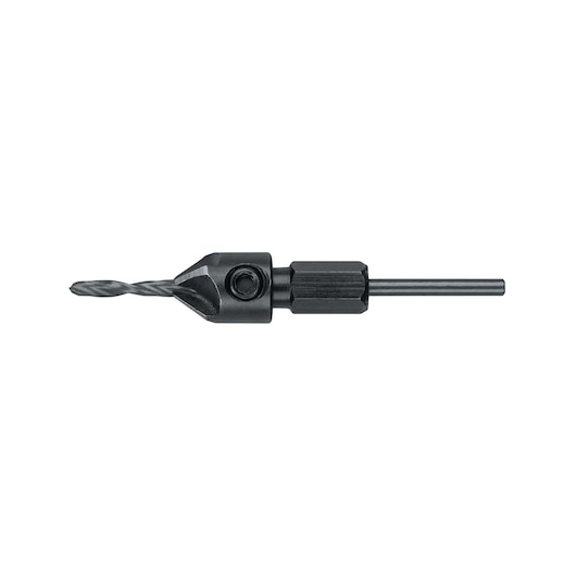 A metal drill bit set against a white background. The bit features a hex shank and a countersink design for woodworking or drilling applications.