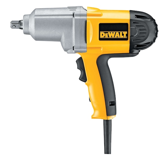 A DEWALT electric impact wrench with a yellow and black casing, featuring a corded power supply and a trigger handle.