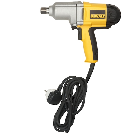 A DEWALT electric impact wrench with a yellow and black body, a silver metal head, and a black power cord with a plug attached.