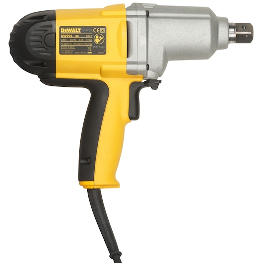 A DEWALT DW294 electric impact wrench with a yellow and black handle, silver housing, and a cord attached at the base. The product label is visible on the side.
