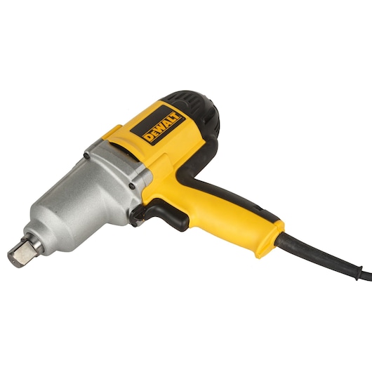 A DEWALT DW294 electric impact wrench with a yellow and black body, a metal front section, and a power cord attached.