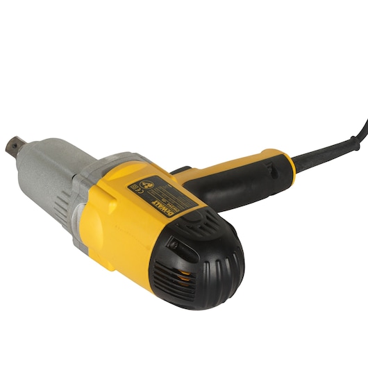 A corded electric impact wrench with a yellow and black body, featuring a DEWALT label, shown on a white background.