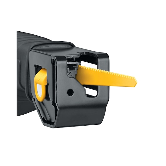 Close-up view of the front section of a DEWALT reciprocating saw, showing the blade insertion area and a yellow blade securely in place.