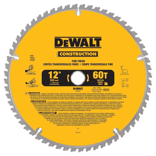 A DEWALT Construction 12-inch (305 mm) circular saw blade with 60 ATB teeth for fine finish cuts. The blade is yellow with black and white text, and it includes safety and usage warnings in several languages. It is designed for crosscutting wood and has a maximum RPM of 4800.
