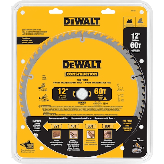 Packaged DEWALT Construction circular saw blade for fine finish cuts, 12 inch diameter, 60 teeth. The packaging is yellow with black text and graphics, and highlights suitability for crosscutting wood. Recommended for construction use.