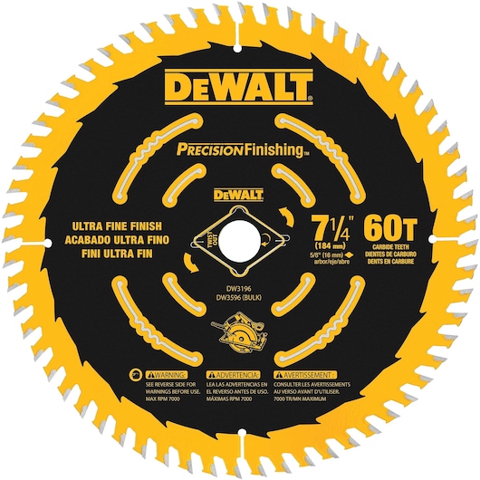 DEWALT 7-1/4 inch (184 mm) circular saw blade with 60 carbide teeth, designed for ultra fine finish work. The blade is black and yellow with text indicating product specifications and warnings.