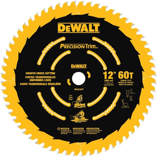 DEWALT Precision Trim circular saw blade, model DW3216PT, featuring 12-inch diameter and 60 carbide teeth for smooth cross cutting. The blade is black with yellow accent and detailed specifications, including multilingual safety warnings and usage symbols.