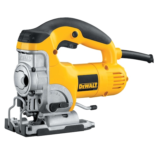 A DEWALT DW331K electric jigsaw tool with a yellow and black body, designed for cutting various materials. The tool is shown from the side, with visible blade mechanism, handle, and cord.